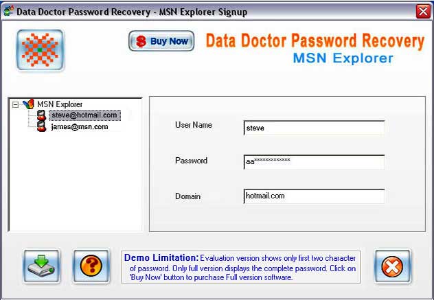 Screenshot of MSN Messenger Password Recovery Tool